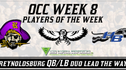 A banner with the words occ week 8 players of the week.
