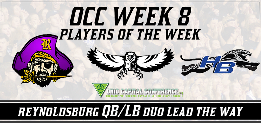 A banner with the words occ week 8 players of the week.