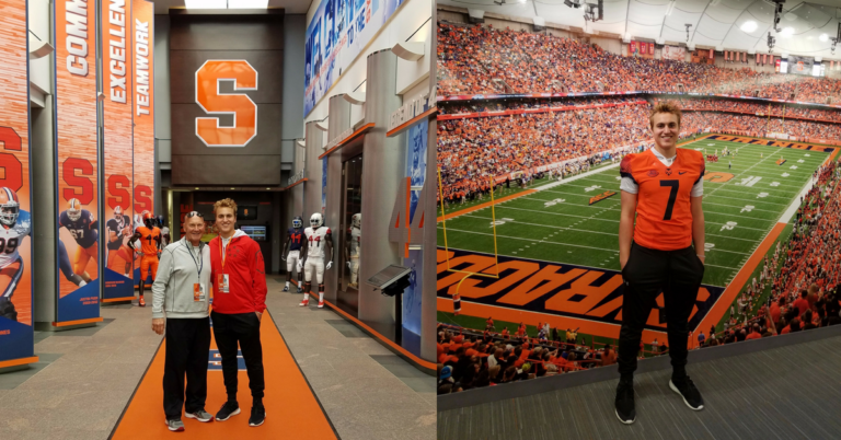 Two photos of a man in an orange jacket.