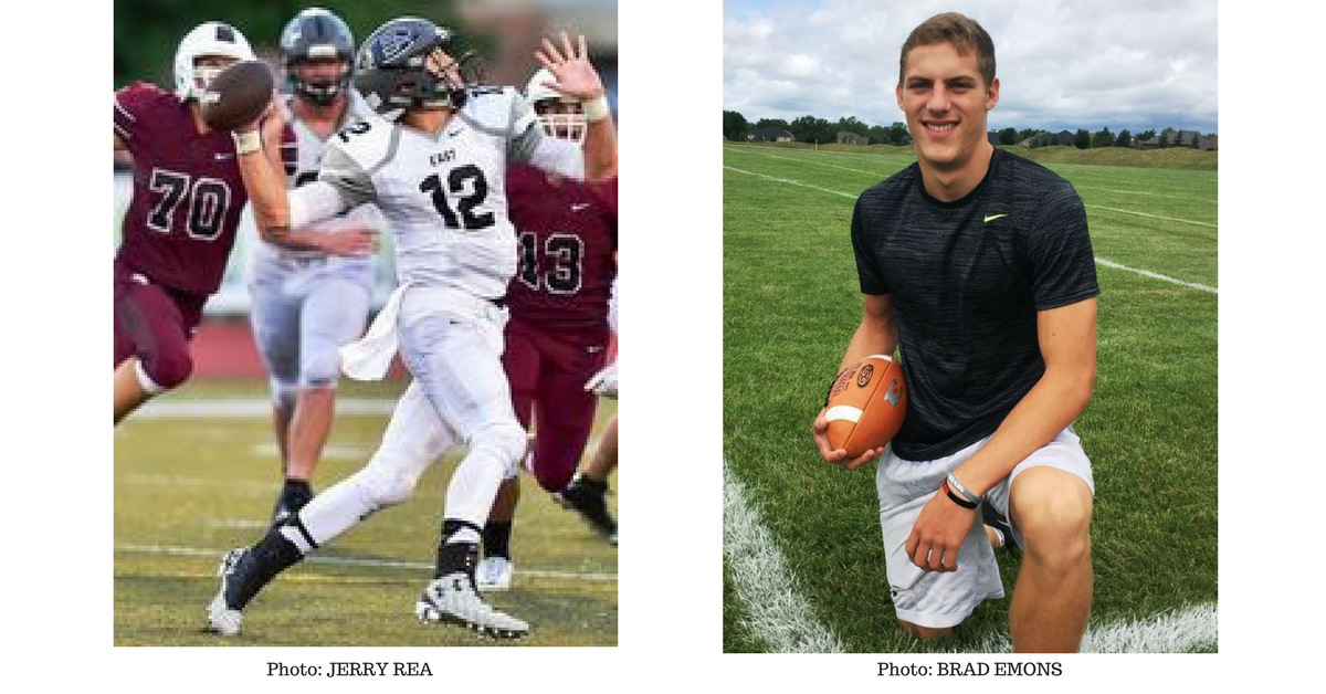 Two pictures of a football player and another picture of him playing.