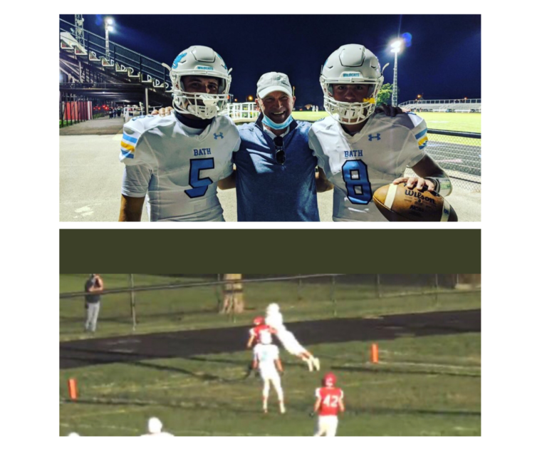 Two photos of a football team and their coach.